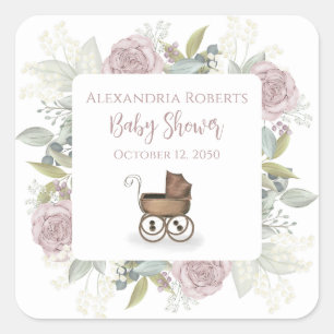 Boho Baby shower Roze Botanische Floral  Vierkante Sticker