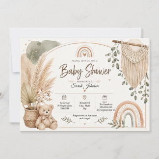 Boho Baby Shower Teddy Beer Regenboog Pampas Aange Kaart