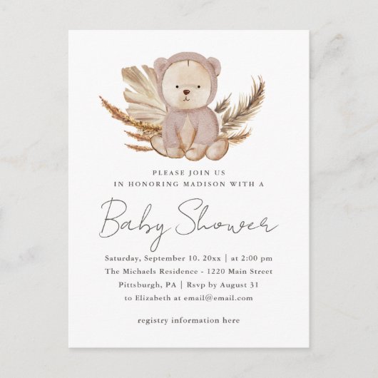 Boho Baby shower Uitnodiging tot het zoete Beer (Voorkant)
