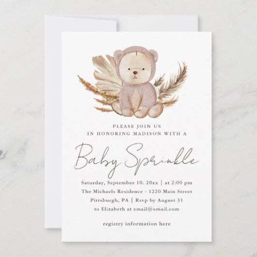 Boho Baby Sprinkle Invitation avec l'ours doux (Devant)