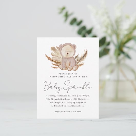 Boho Baby Sprinkle Invitation avec l'ours doux (Debout devant)