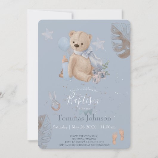 Boho baby teddy beer Baptism Invitation Kaart (Voorkant)