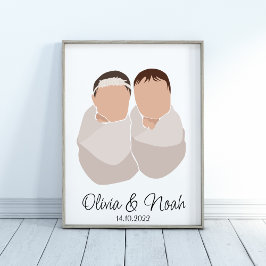 Boho Baby Twins Girl&Boy Name Nursery Poster