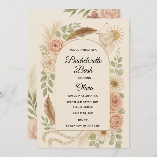 Boho Bachelorette Bash Invitation | Neutral Floral (Devant / Derrière)