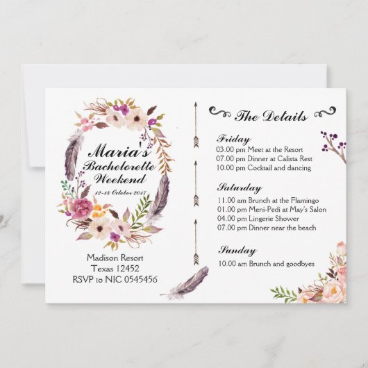 Boho Bachelorette Weekend Itinerary Invitation Kaart (Voorkant)