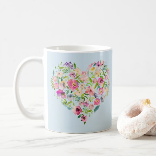 Boho Bailee | Blue Pastel Floral Heart Initiaal Koffiemok (Met donut)