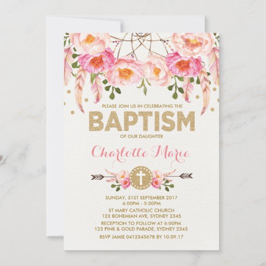 Boho Baptism Invitation rose or Floral Dreamcatche (Devant)
