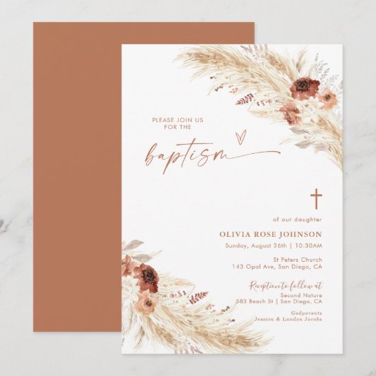 Boho Baptism Invite, Pampas Grass Boho Christening Kaart (Voorkant / Achterkant)