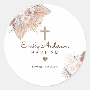 Boho Baptism Pampas Grass Christening Favor Ronde Sticker