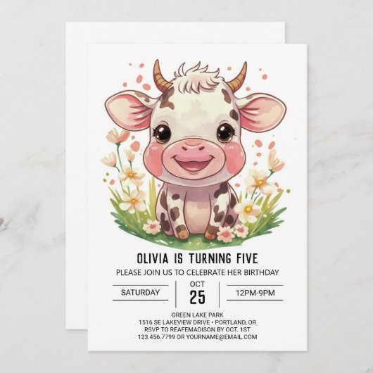 Boho Barnyard Roze Koe Verjaardag Kaart (Voorkant / Achterkant)