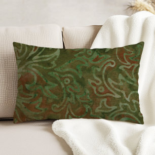 Boho Batik Groen en Roest Bladpatroon Accent Kussen