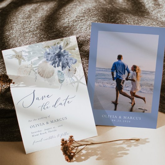 Boho Beach Blauw Bruiloft Save The Date Uitnodigin Kaart