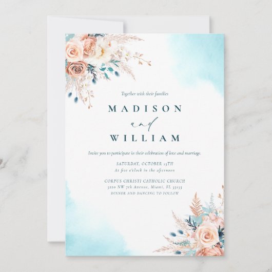 Boho Beach Floral Waterverf Huwelijksuitnodiging Kaart (Voorkant)