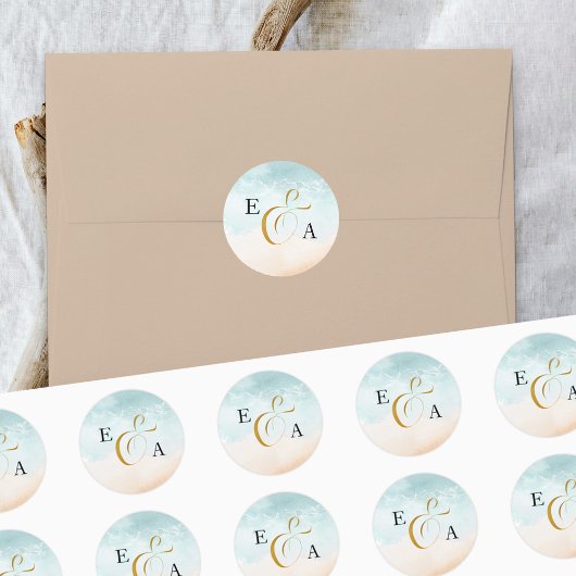Boho Beach Monogram Huwelijksenvelopzegel Ronde Sticker