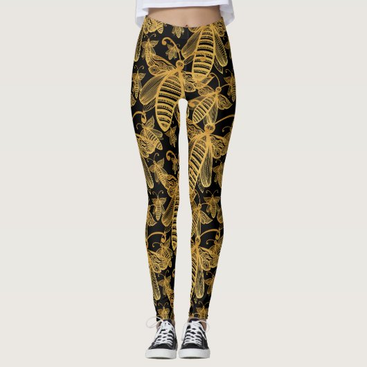 BOHO BEE SWARM Chic Pattern Gold op zwarte Legging (Voorkant)
