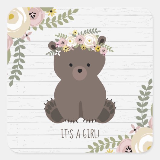 Boho Beer Grijs Hout Baby shower Vierkante Sticker (Voorkant)