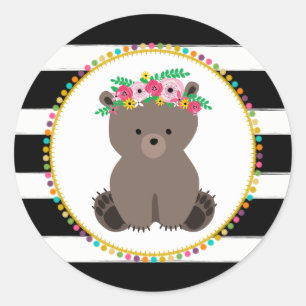 Boho Beer Striped Pompom geïnspireerd Baby shower Ronde Sticker