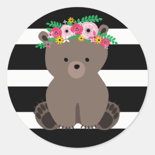 Boho Beer Zwart + Witte Streep Baby shower Ronde Sticker
