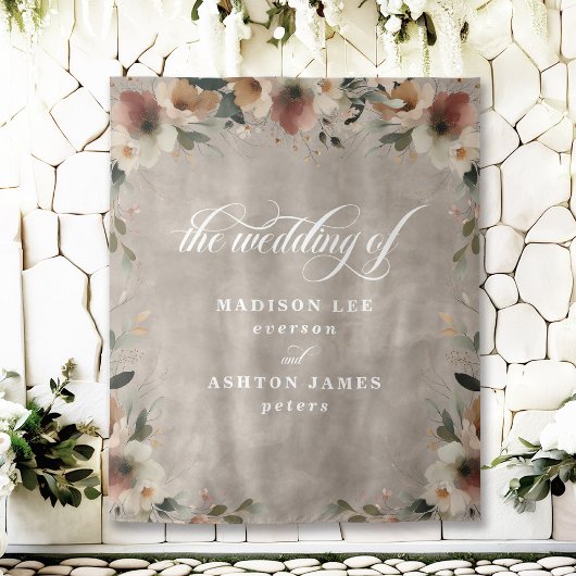 Boho Beige Bloemen Bruiloft Foto Booth Achtergrond Wandkleed