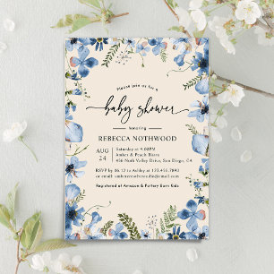 Boho Beige Blue Floral Boy Baby Shower Invitation
