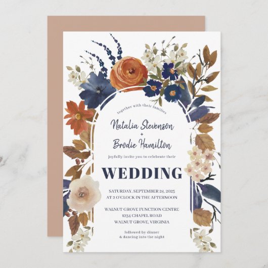 Boho Beige Blue Rust Floral Faire-part de mariage (Devant / Derrière)