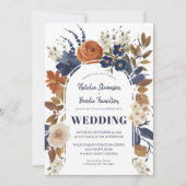 Boho Beige Blue Rust Floral Wedding Invitation Kaart (Voorkant)