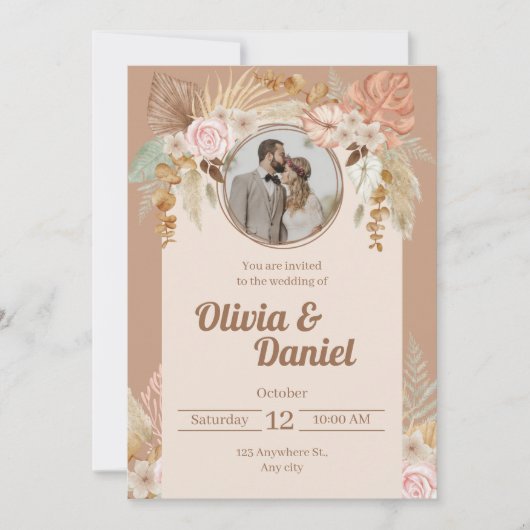 Boho Beige Faire-part de mariage d'aquarelle (Devant)