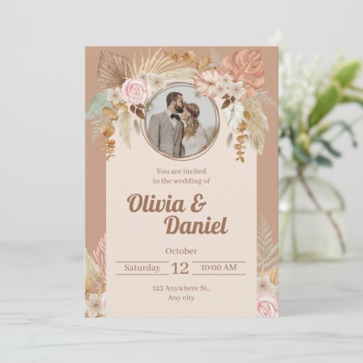 Boho Beige Faire-part de mariage d'aquarelle (Debout devant)