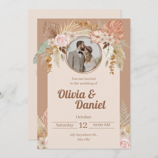Boho Beige Faire-part de mariage d'aquarelle (Devant / Derrière)