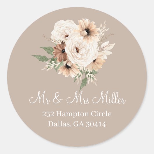 Boho Beige Floral Classic Round Sticker (Voorkant)
