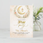 Boho Beige Floral Crescent Ramadan Iftar Party Kaart (Staand voorkant)