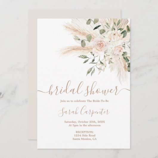 Boho Beige floral Douche nuptiale Invitation (Devant / Derrière)