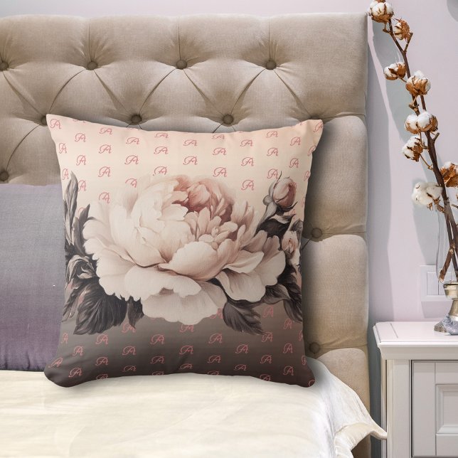 Boho Beige Floral Monogram Sierkussen (Boho large rose pillow with letter monogram on a bed.)