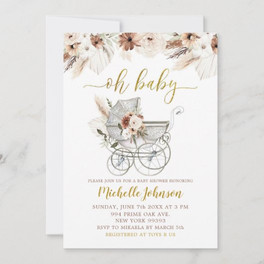 Boho Beige Floral Stroller Baby shower Invitation (Devant)