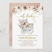 Boho Beige Floral Stroller Baby shower Uitnodiging (Voorkant / Achterkant)