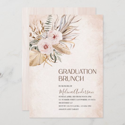 Boho Beige Flowesr waterverf afstuderen brunch Kaart (Voorkant / Achterkant)