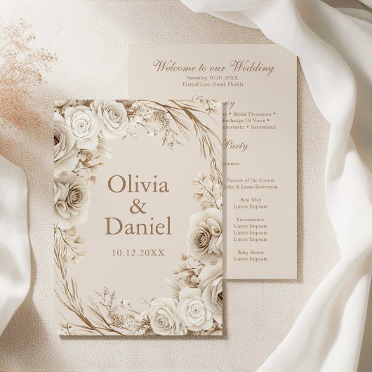 Boho Beige gedroogde bloem en witte rozen bruiloft Programma