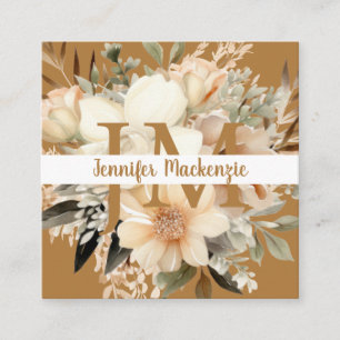 Boho Beige Gouden Bloemmotief  Vierkante Visitekaartje