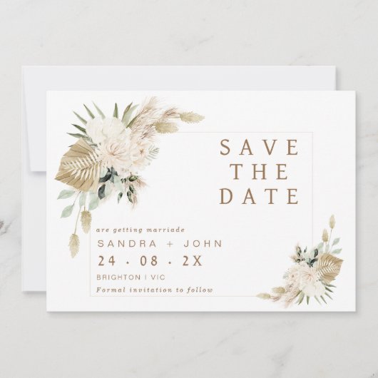 Boho Beige Green Floral Enregistrer La Carte Date (Devant)