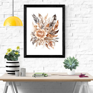 Boho Beige Grijs Bloemmotief Botanische Veren  Poster