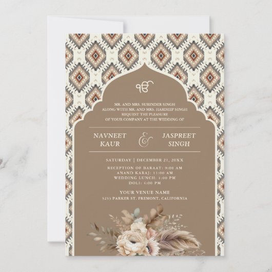 Boho Beige Ivoor Ikat Anand Karaj Sikh Bruiloft Kaart (Voorkant)