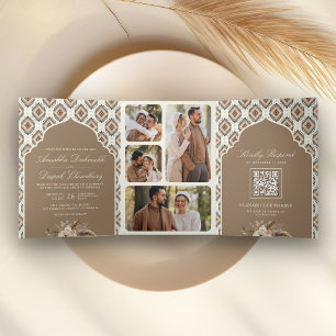Boho Beige Ivoor Ikat Fotocollage Indiase bruiloft Drieluik Uitnodiging