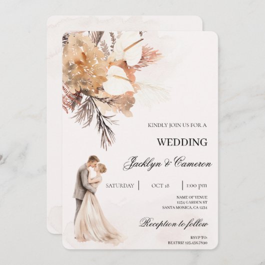 Boho beige met bruid en bruidegom bruiloft kaart (Voorkant / Achterkant)