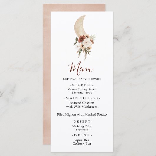 Boho Beige Moon Baby shower Menu Panneau (Devant / Derrière)