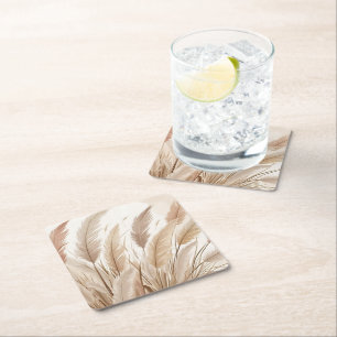 Boho Beige Pampas Gras Bruiloft Vierkante Kartonnen Onderzetter