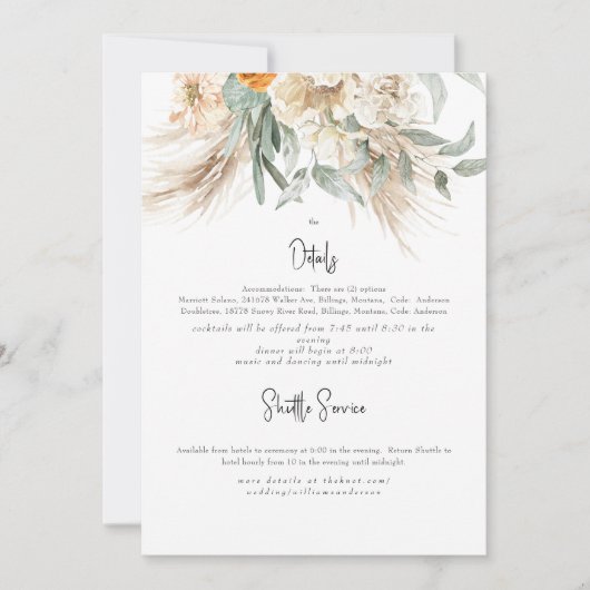 Boho Beige Pampas II Mariage détails Invitation (Devant)