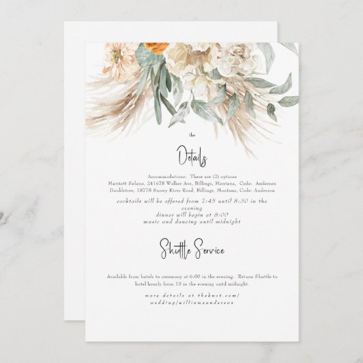 Boho Beige Pampas II Mariage détails Invitation (Devant / Derrière)
