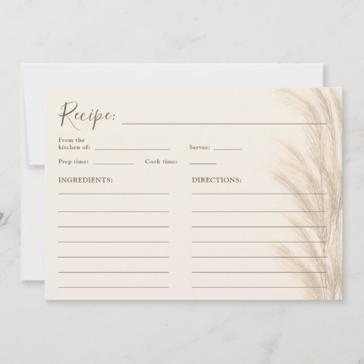 Boho beige pampasgras waterverf bruiloftsrecept  kaart (Voorkant)