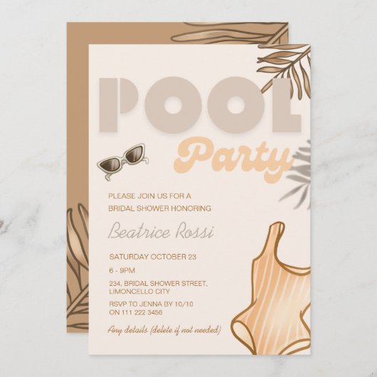 Boho Beige Pool Party Retro Vrijgezellenfeest Kaart (Voorkant / Achterkant)
