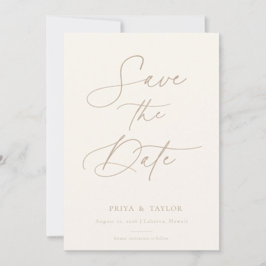 Boho Beige Script Save the Date Photo Card (Voorkant)